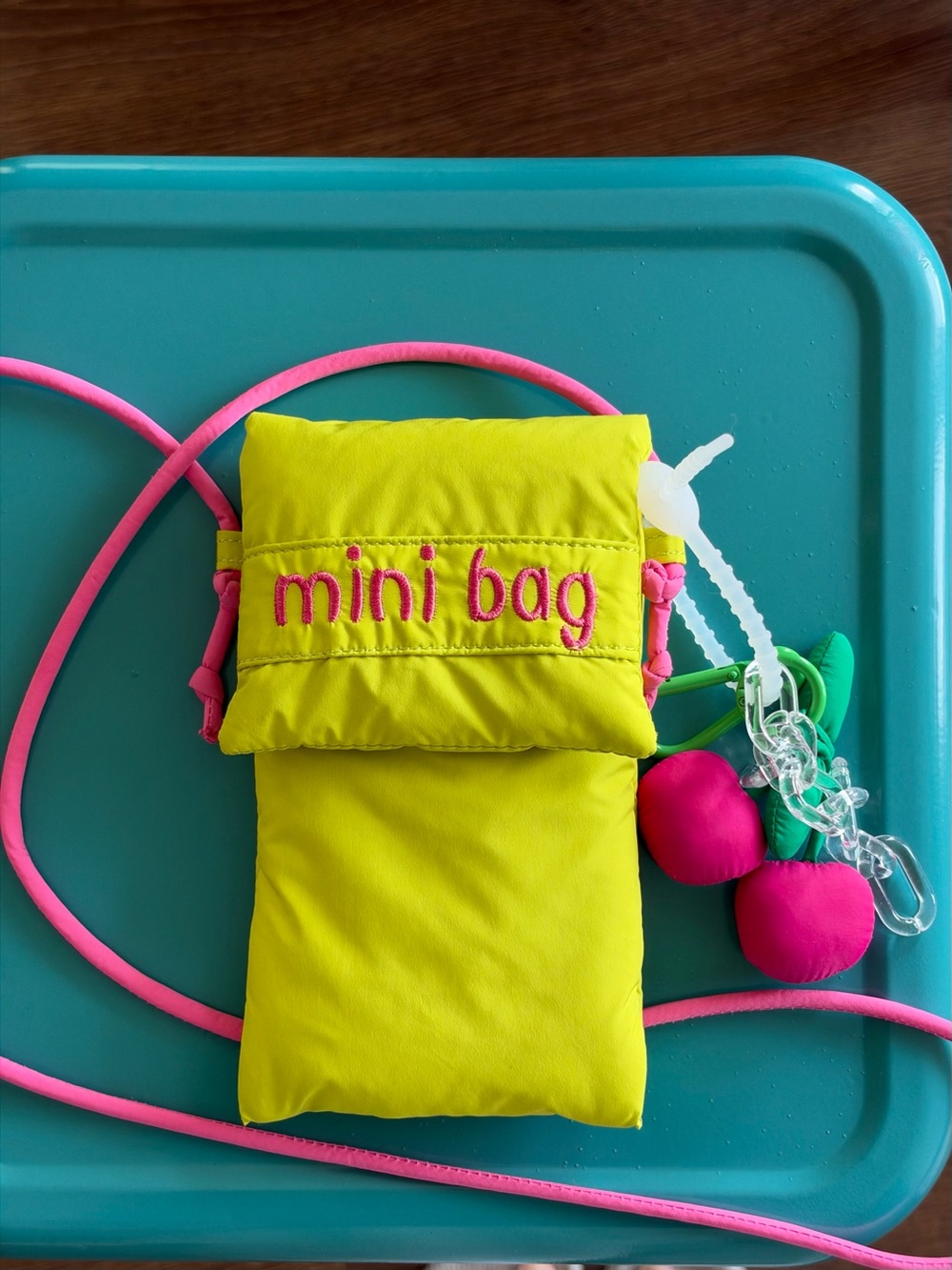 Mini Bag Kids Crossbody Pouch in Bright Yellow with Pink Accents + Cherry Charms